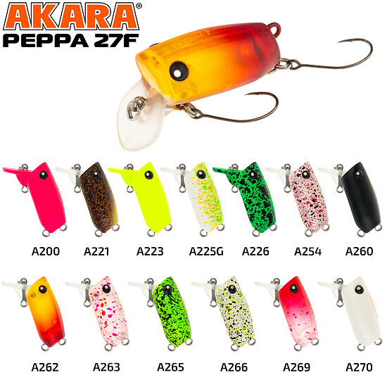 Vobleris Akara Peppa 27F (27 mm, 2,1 g, 0–0,3 m, peldošs)