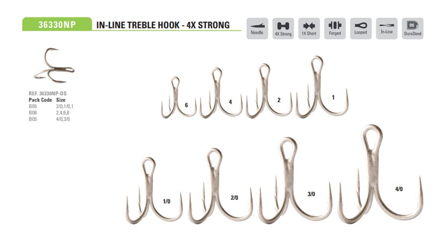 Mustad 36330NP IN-LINE TREBLE HOOK 4X STRONG DS 